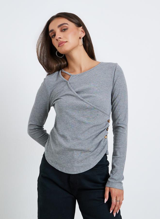 Styli Women Grey Asymmetric Long Sleeve Top - Image 3